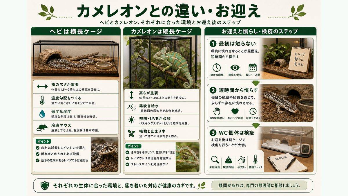カメレオンとの違い・気の荒さの馴致・WC検疫・お迎えの要点をまとめたカメレオン・爬虫類飼育インフォグラフィック