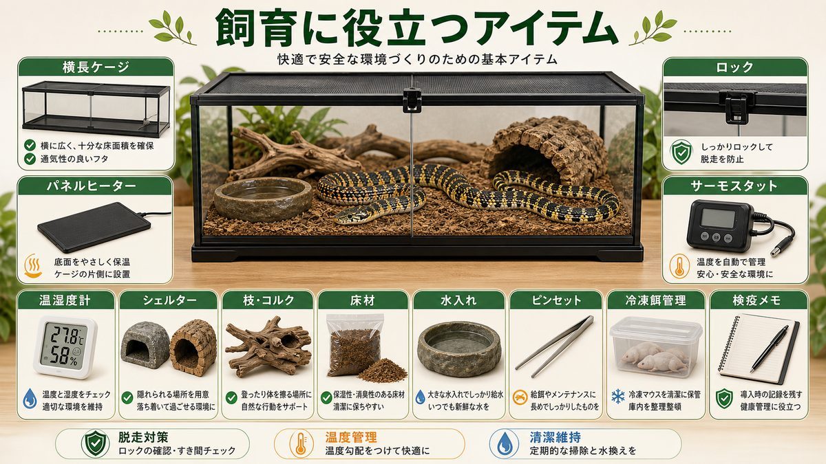 飼育に役立つおすすめアイテムの要点をまとめたカメレオン・爬虫類飼育インフォグラフィック