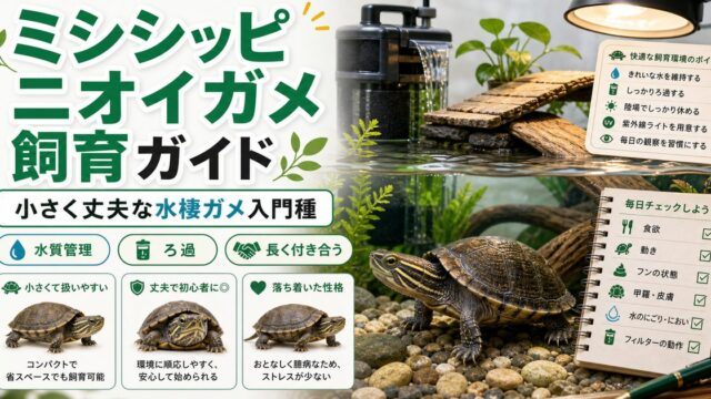 ミシシッピニオイガメ（Sternotherus odoratus）飼育完全ガイド｜丈夫で初心者向きの小型ニオイガメの要点を伝えるカメレオン・爬虫類記事アイキャッチ画像