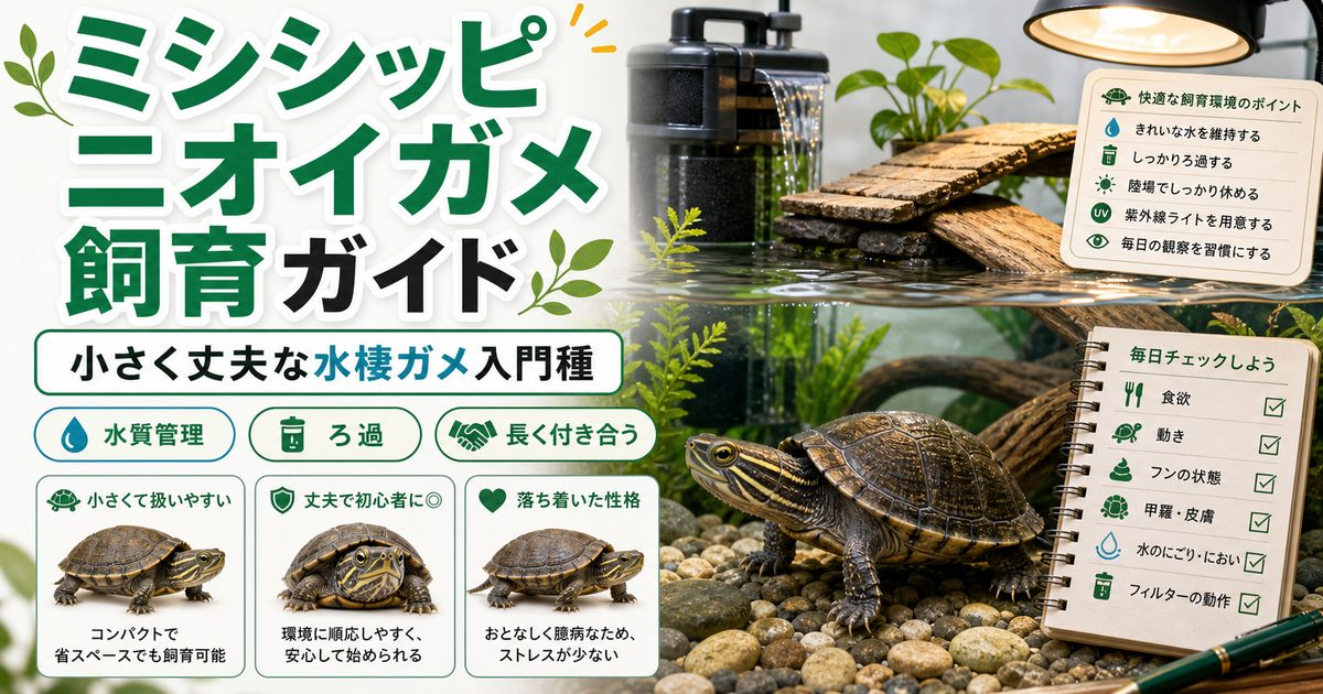 ミシシッピニオイガメ（Sternotherus odoratus）飼育完全ガイド｜丈夫で初心者向きの小型ニオイガメの要点を伝えるカメレオン・爬虫類記事アイキャッチ画像