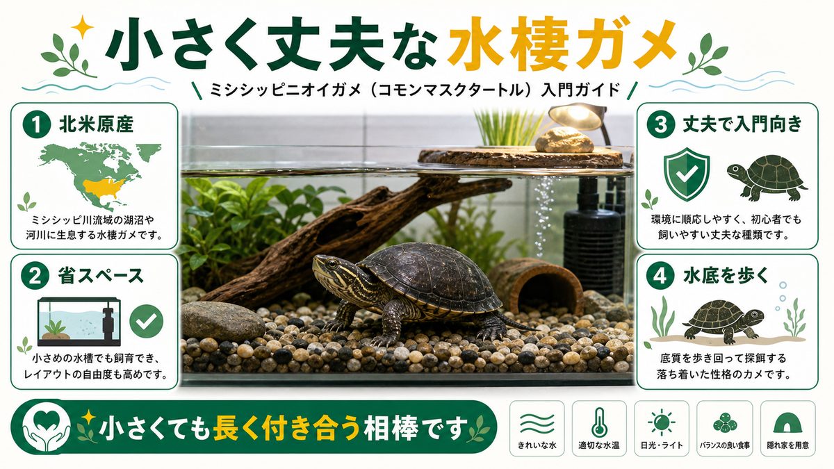 ミシシッピニオイガメとは|小さくて丈夫な水棲ガメ入門種の要点をまとめたカメレオン・爬虫類飼育インフォグラフィック