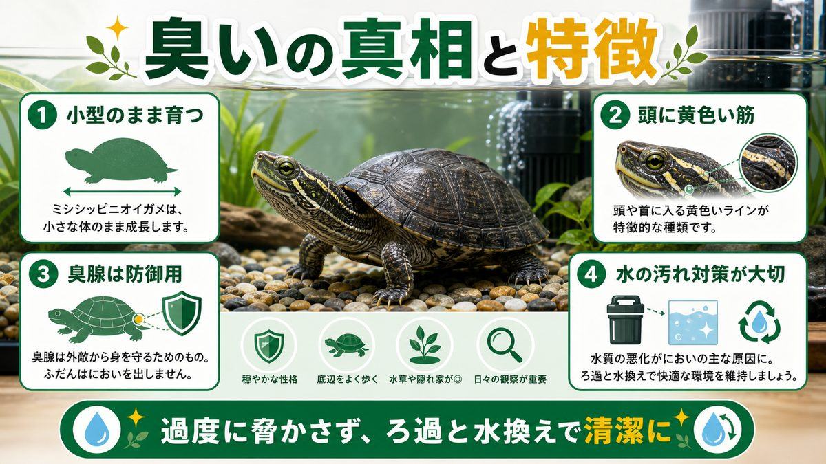 特徴・サイズ・臭腺|「スティンクポット」の名前の真相の要点をまとめたカメレオン・爬虫類飼育インフォグラフィック