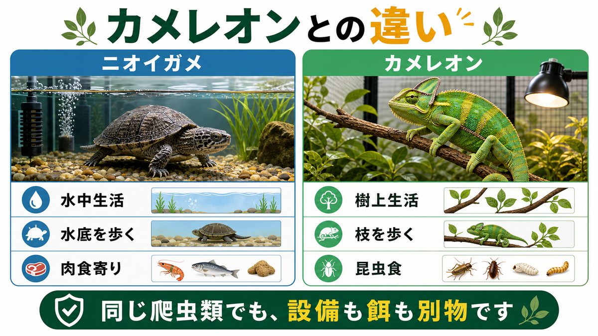 カメレオン(ぺぺ君)との違い|樹上の昆虫食 vs 水底の肉食ガメの要点をまとめたカメレオン・爬虫類飼育インフォグラフィック