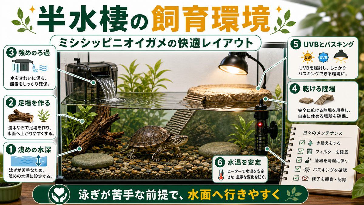 半水棲の飼育環境|水深・ろ過・陸場・ライト・水温の要点をまとめたカメレオン・爬虫類飼育インフォグラフィック