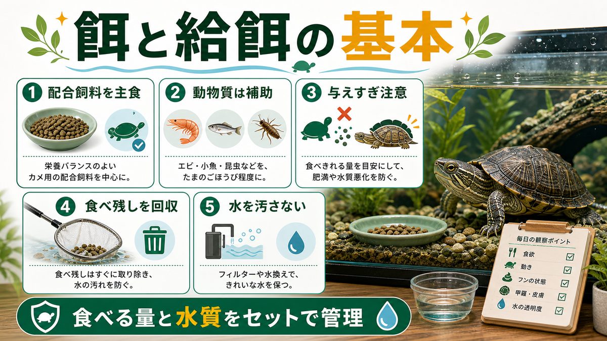餌・給餌|肉食寄りの雑食を上手に管理するの要点をまとめたカメレオン・爬虫類飼育インフォグラフィック