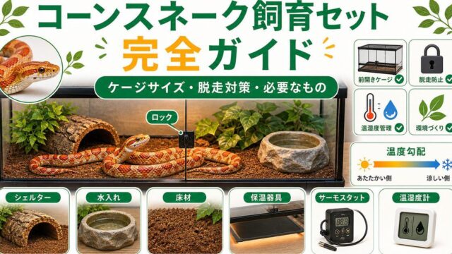 コーンスネークのケージと飼育セット完全ガイド！サイズ・脱走防止・必要なものを解説の要点を伝えるカメレオン・爬虫類記事アイキャッチ画像