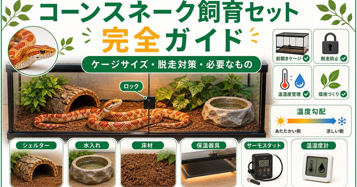 コーンスネークのケージと飼育セット完全ガイド！サイズ・脱走防止・必要なものを解説の要点を伝えるカメレオン・爬虫類記事アイキャッチ画像