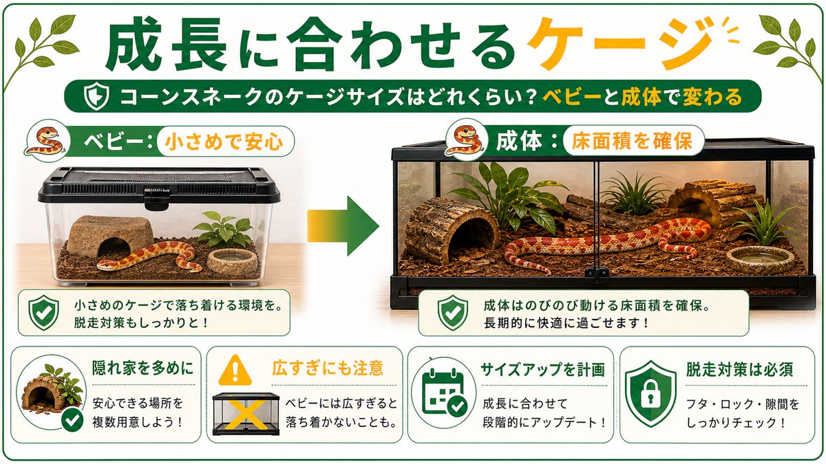 コーンスネークのケージサイズはどれくらい?ベビーと成体で変わるの要点をまとめたカメレオン・爬虫類飼育インフォグラフィック