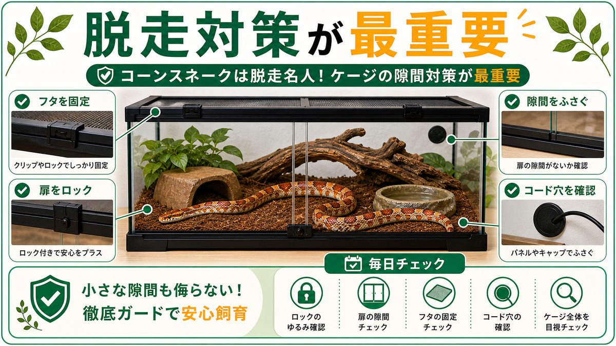 コーンスネークは脱走名人!ケージの隙間対策が最重要の要点をまとめたカメレオン・爬虫類飼育インフォグラフィック