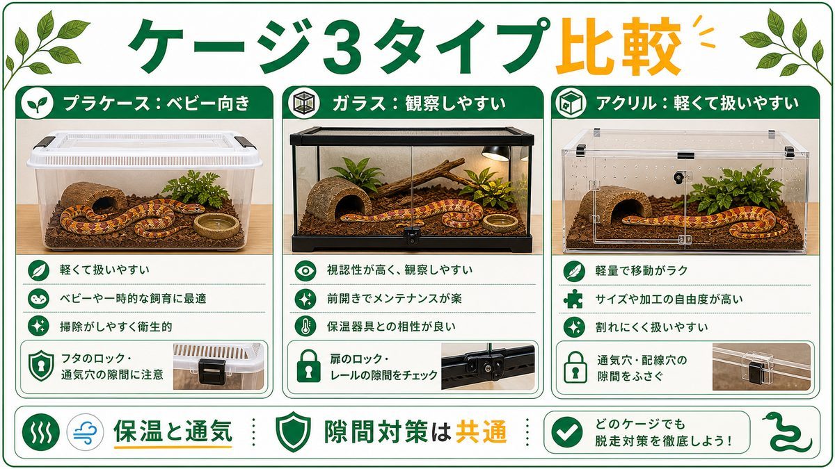 爬虫類ケージ・グラステラリウム・プラケの違いと価格帯の要点をまとめたカメレオン・爬虫類飼育インフォグラフィック