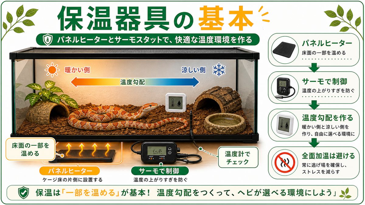 飼育セットの中身①保温器具(パネルヒーター・サーモスタット)の要点をまとめたカメレオン・爬虫類飼育インフォグラフィック
