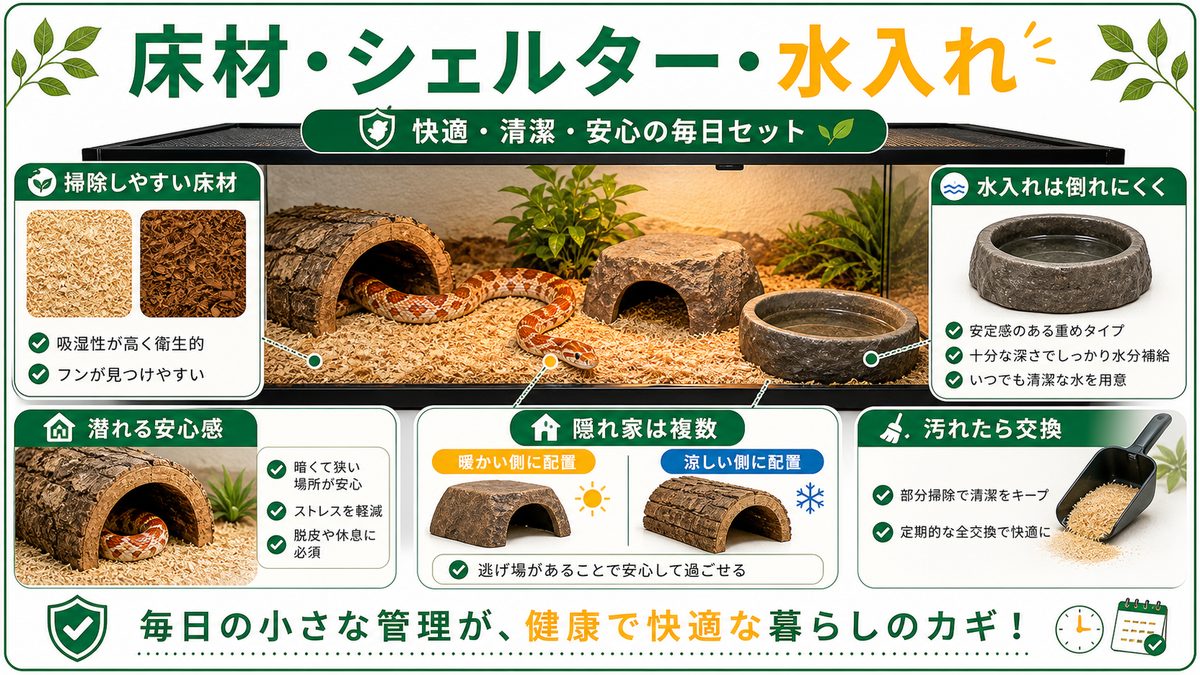飼育セットの中身②床材・シェルター・水入れの要点をまとめたカメレオン・爬虫類飼育インフォグラフィック