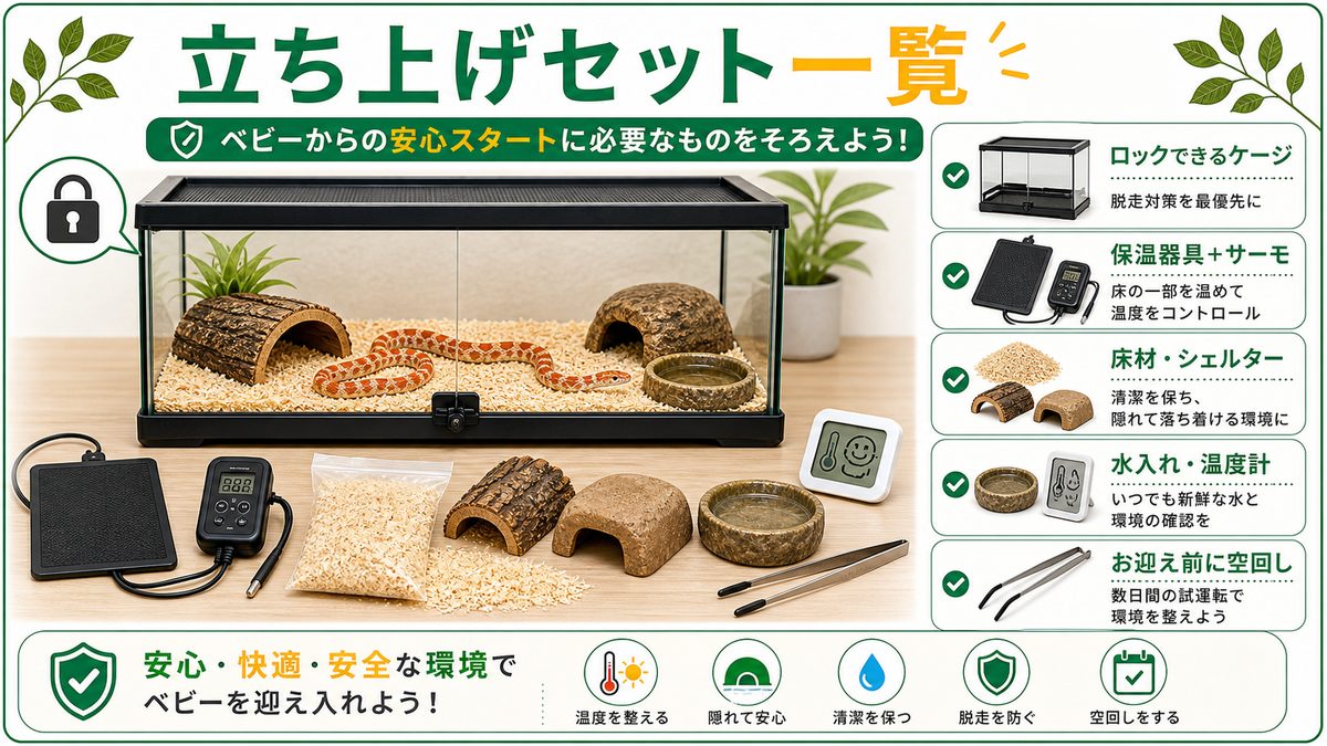 必要なもの一式と初期費用|ベビーからの立ち上げの要点をまとめたカメレオン・爬虫類飼育インフォグラフィック