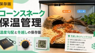 コーンスネークの保温・温度管理完全ガイド！冬の寒さ対策とパネルヒーターの選び方の要点を伝えるカメレオン・爬虫類記事アイキャッチ画像