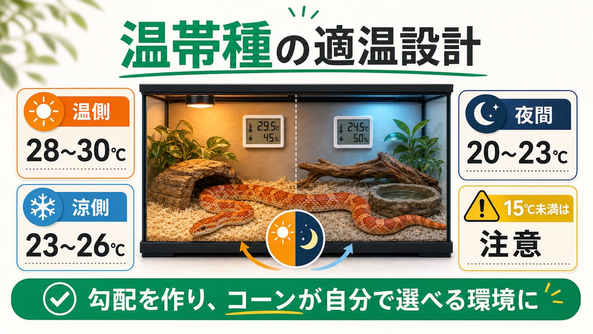 コーンスネークの適温を知る｜温帯種ならではの温度設計の要点をまとめたカメレオン・爬虫類飼育インフォグラフィック