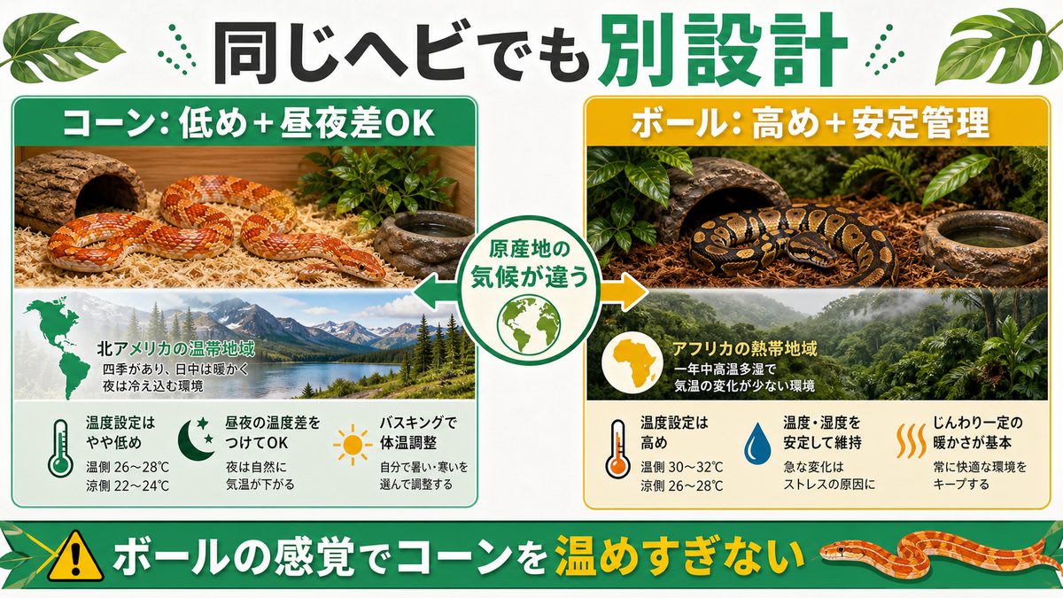 熱帯種ボールパイソンとの違い｜なぜ同じヘビでも温度が違うのかの要点をまとめたカメレオン・爬虫類飼育インフォグラフィック