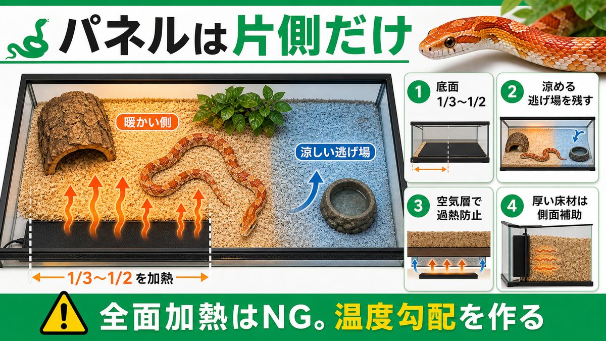パネルヒーターで温度勾配を作る｜底面と側面の使い分けの要点をまとめたカメレオン・爬虫類飼育インフォグラフィック