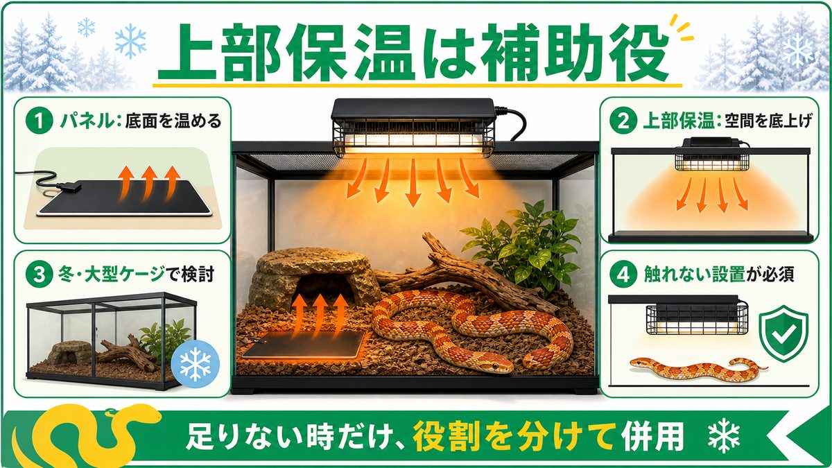 暖突など上部保温の併用｜冬や大型ケージで足りない時の一手の要点をまとめたカメレオン・爬虫類飼育インフォグラフィック