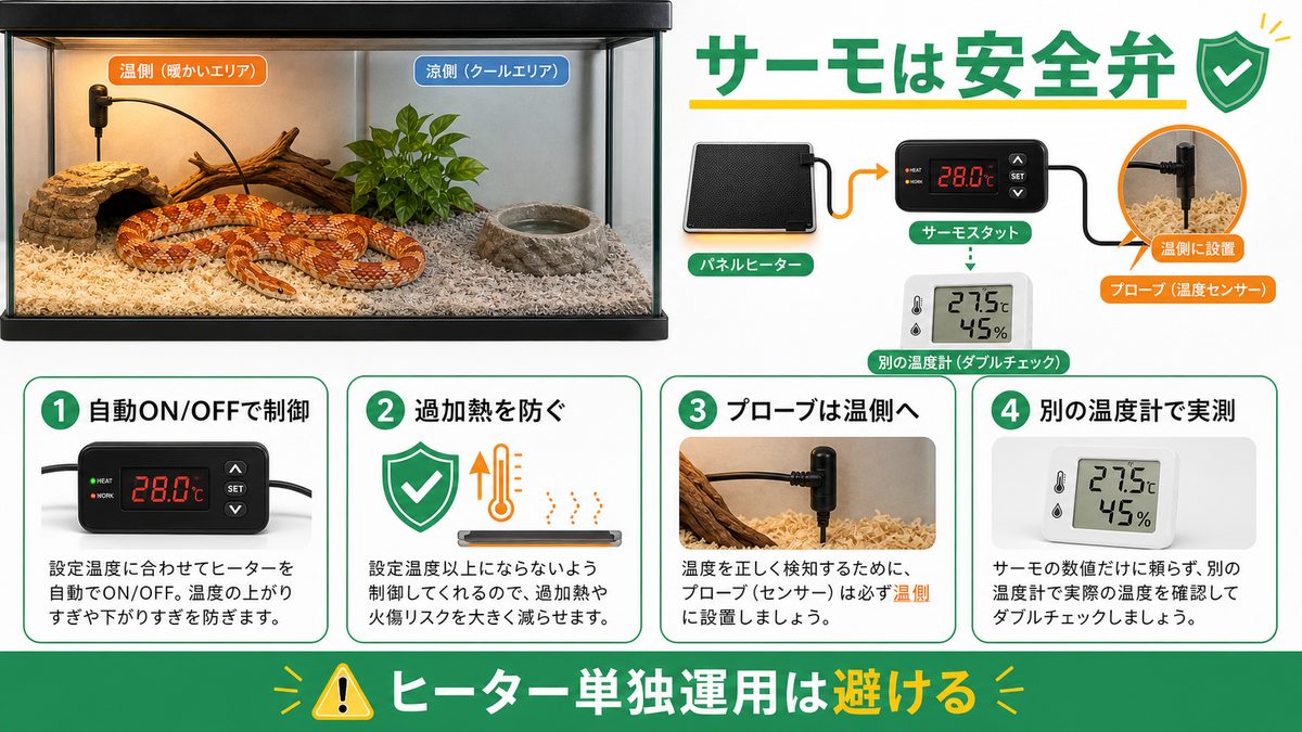 サーモスタットは必須｜火傷と過加熱を防ぐ安全弁の要点をまとめたカメレオン・爬虫類飼育インフォグラフィック