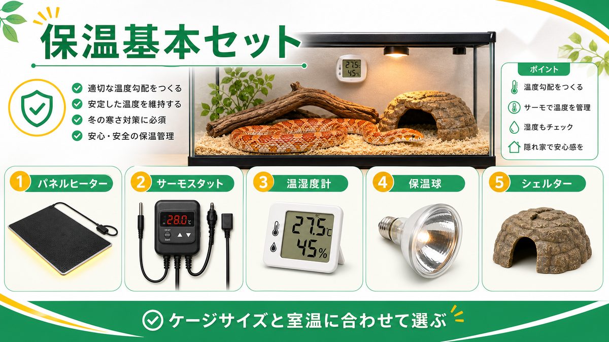 コーンスネークの保温のおすすめアイテムまとめの要点をまとめたカメレオン・爬虫類飼育インフォグラフィック