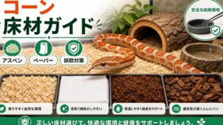 コーンスネークの床材おすすめ比較！アスペン・ペーパーで選ぶ正解と誤飲対策の要点を伝えるカメレオン・爬虫類記事アイキャッチ画像