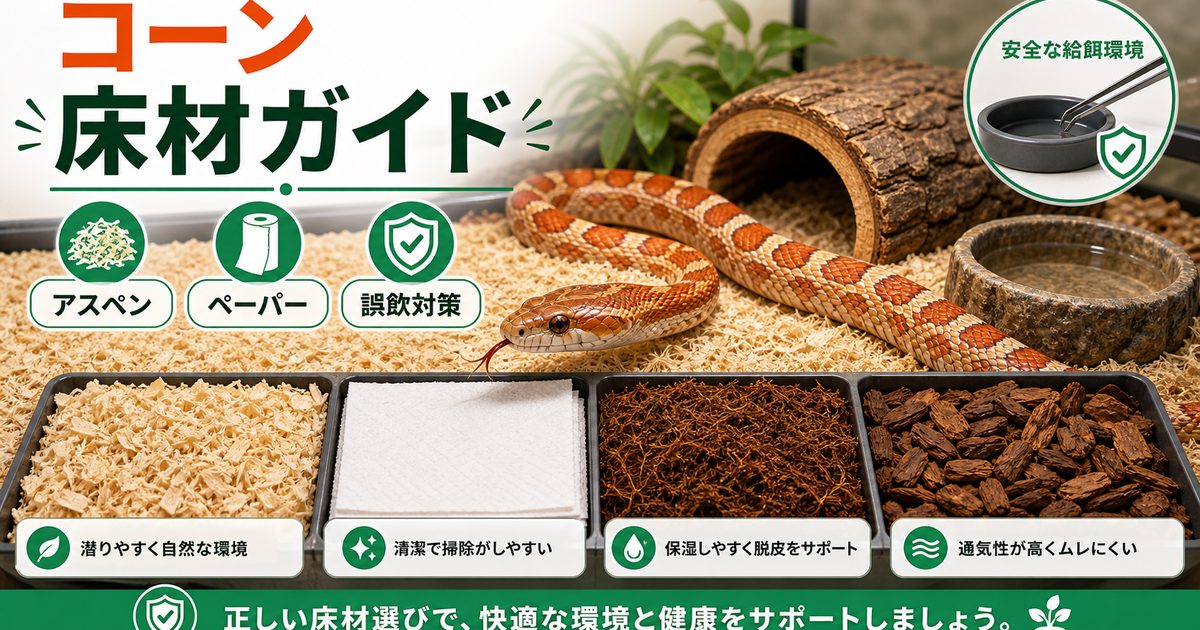 コーンスネークの床材おすすめ比較！アスペン・ペーパーで選ぶ正解と誤飲対策の要点を伝えるカメレオン・爬虫類記事アイキャッチ画像