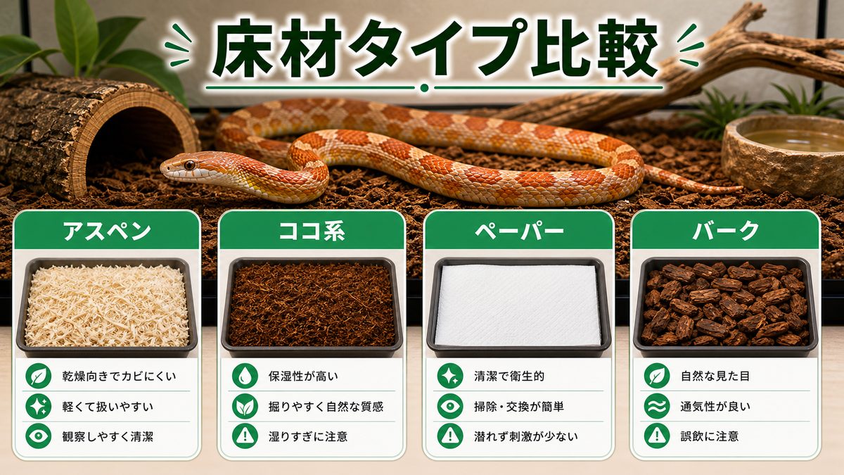 コーンスネークの床材 タイプ別比較表の要点をまとめたカメレオン・爬虫類飼育インフォグラフィック
