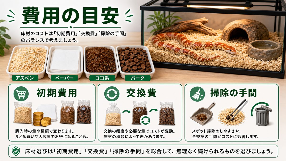 コーンスネークの床材にかかる費用の目安の要点をまとめたカメレオン・爬虫類飼育インフォグラフィック