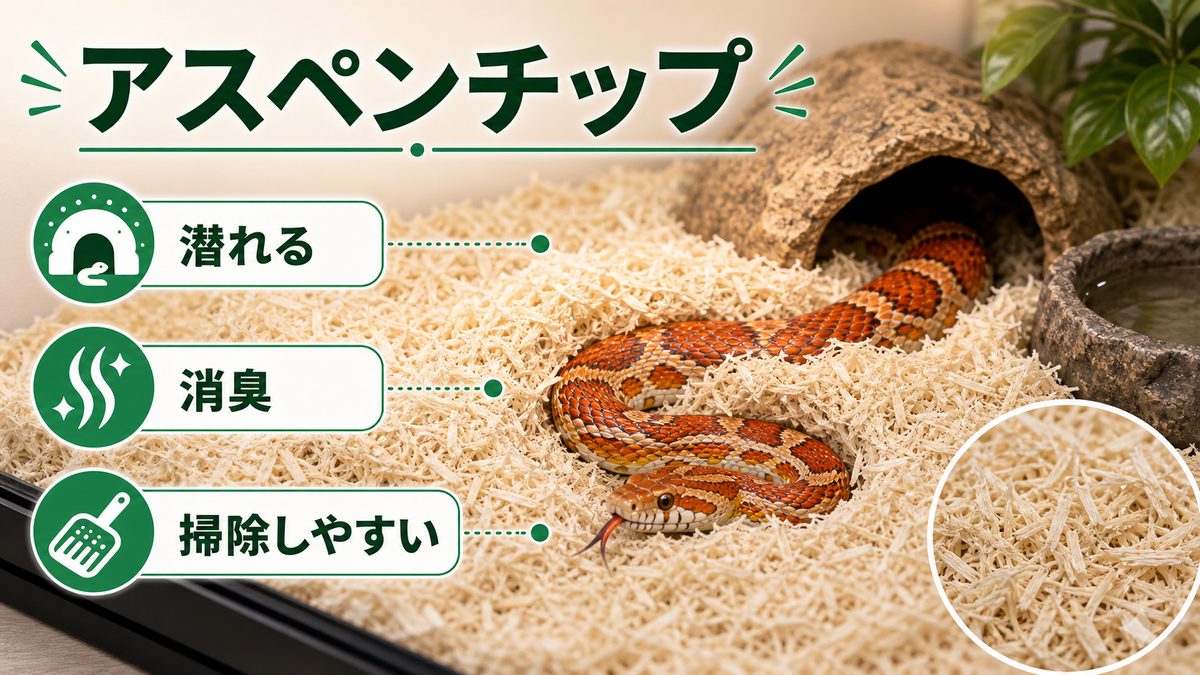 アスペンチップ:コーンの定番。潜れて消臭性が高いの要点をまとめたカメレオン・爬虫類飼育インフォグラフィック