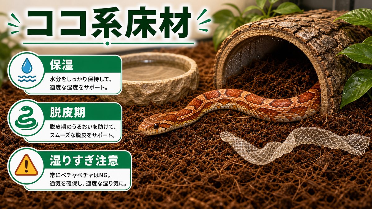 ヤシガラ/ココ系:脱皮期に役立つ保湿系の要点をまとめたカメレオン・爬虫類飼育インフォグラフィック