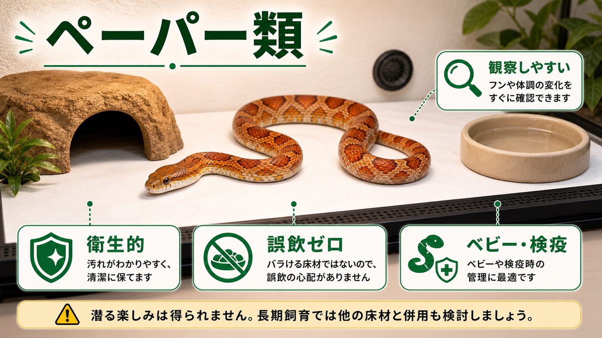 ペーパー類:衛生的・激安・誤飲ゼロ。ベビーや検疫にの要点をまとめたカメレオン・爬虫類飼育インフォグラフィック