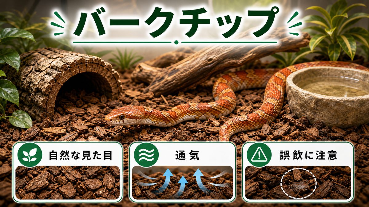 バークチップ:自然な見た目を楽しみたい人にの要点をまとめたカメレオン・爬虫類飼育インフォグラフィック