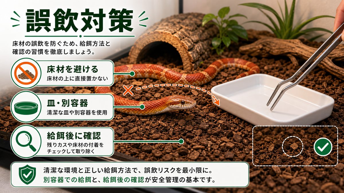 給餌時の誤飲対策:コーン床材で最重要のポイントの要点をまとめたカメレオン・爬虫類飼育インフォグラフィック