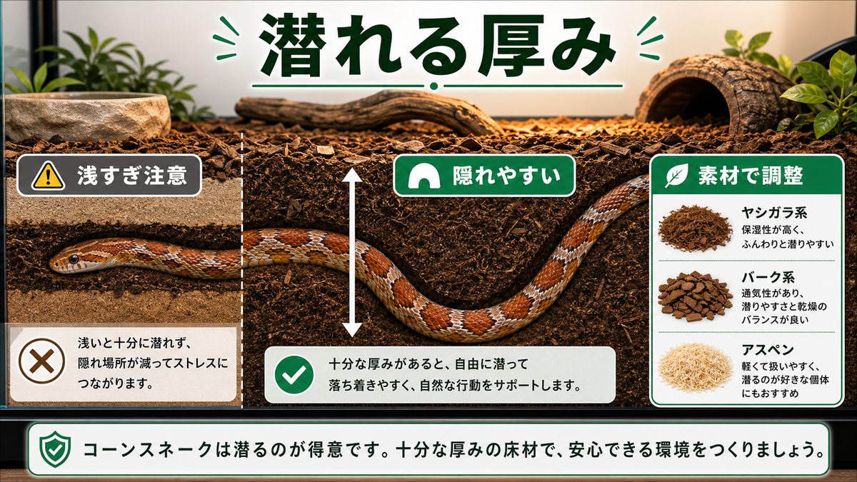 潜る習性に合う床材の厚みの目安の要点をまとめたカメレオン・爬虫類飼育インフォグラフィック