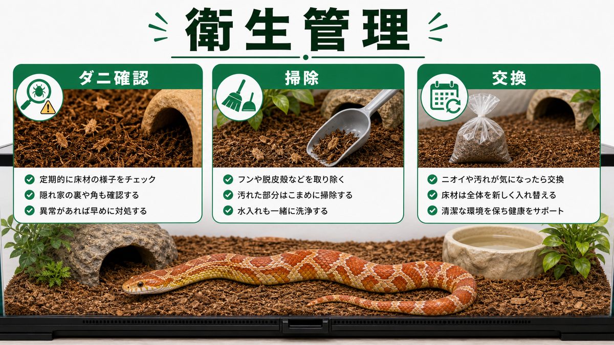 ダニ・掃除・交換頻度:衛生管理のコツの要点をまとめたカメレオン・爬虫類飼育インフォグラフィック
