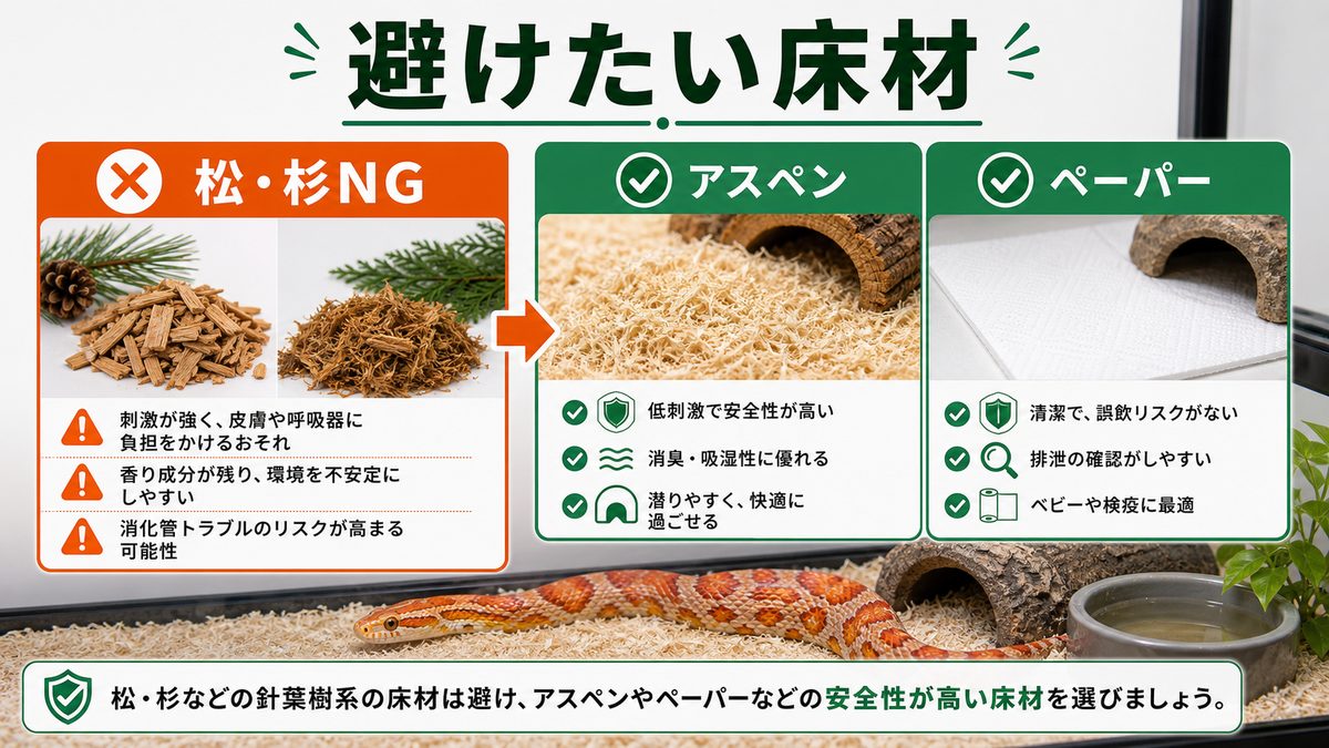 避けたい床材:松・杉など針葉樹は原則NGの要点をまとめたカメレオン・爬虫類飼育インフォグラフィック