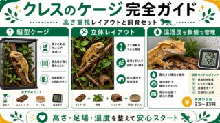 クレステッドゲッコーのケージ完全ガイド！飼育セットと高さ重視レイアウトの要点を伝えるカメレオン・爬虫類記事アイキャッチ画像