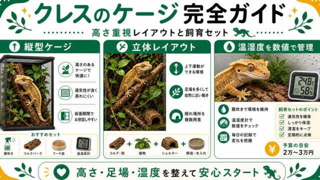 クレステッドゲッコーのケージ完全ガイド！飼育セットと高さ重視レイアウトの要点を伝えるカメレオン・爬虫類記事アイキャッチ画像