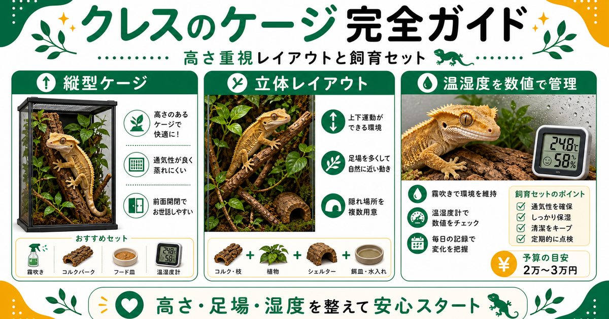 クレステッドゲッコーのケージ完全ガイド！飼育セットと高さ重視レイアウトの要点を伝えるカメレオン・爬虫類記事アイキャッチ画像