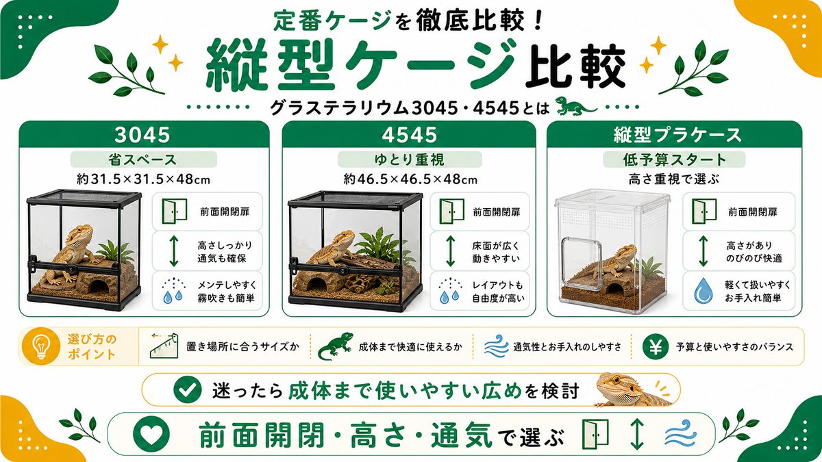 定番ケージを徹底比較！グラステラリウム3045・4545とはの要点をまとめたカメレオン・爬虫類飼育インフォグラフィック