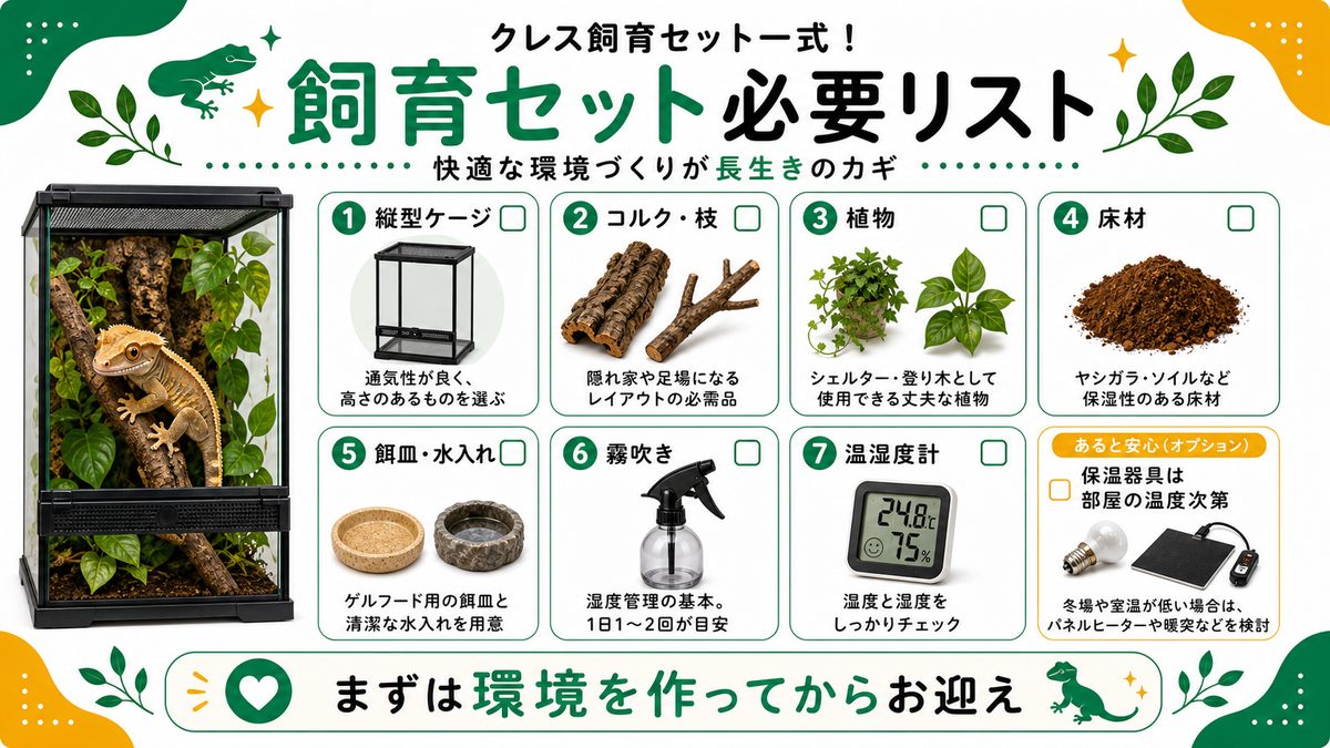 クレス飼育セット一式！必要なものリストの要点をまとめたカメレオン・爬虫類飼育インフォグラフィック