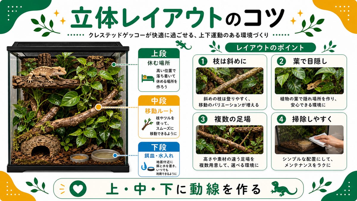レイアウトのコツ｜立体的な足場づくりの要点をまとめたカメレオン・爬虫類飼育インフォグラフィック