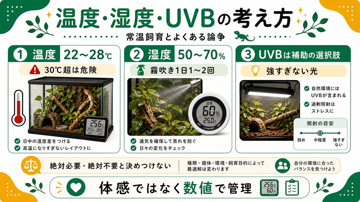 温度・湿度・UVBの考え方｜常温飼育とよくある論争の要点をまとめたカメレオン・爬虫類飼育インフォグラフィック