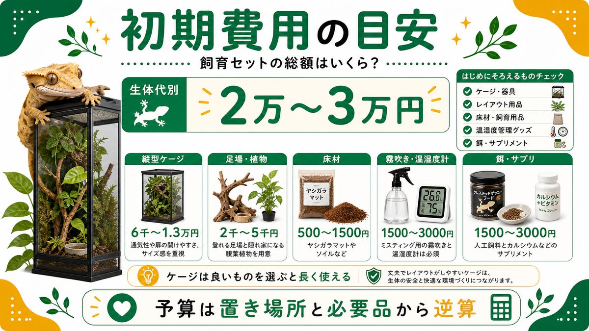初期費用の目安｜飼育セットの総額はいくら？の要点をまとめたカメレオン・爬虫類飼育インフォグラフィック
