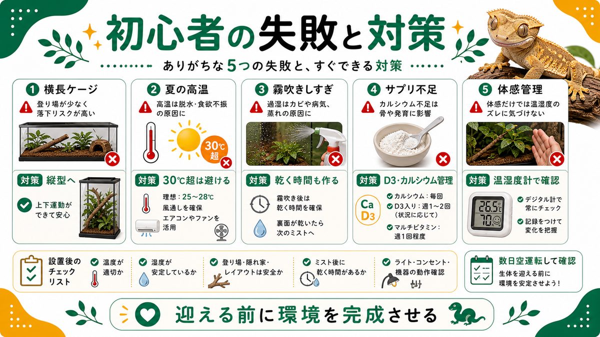 初心者がやりがちな失敗と対策の要点をまとめたカメレオン・爬虫類飼育インフォグラフィック