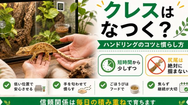 クレステッドゲッコーはなつく？ハンドリングのコツと慣らし方を徹底解説の要点を伝えるカメレオン・爬虫類記事アイキャッチ画像