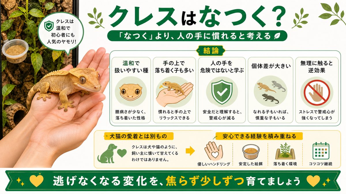 クレスはなつく？ハンドリングできる？結論の要点をまとめたカメレオン・爬虫類飼育インフォグラフィック