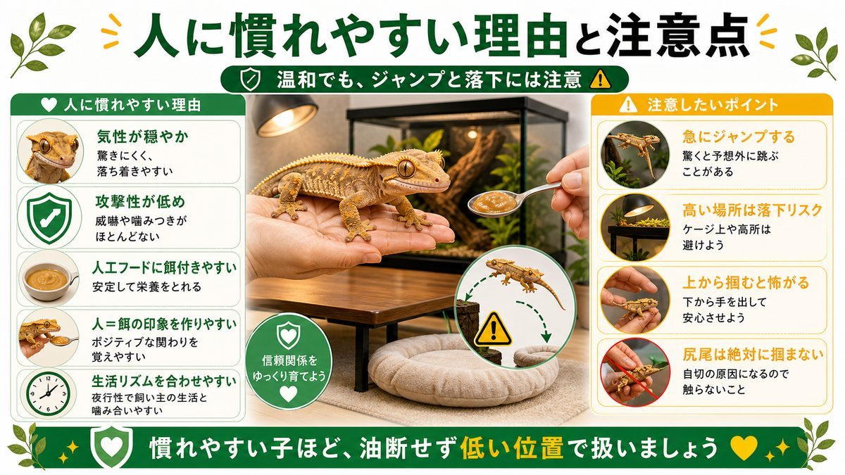 クレスが人に慣れやすい理由と注意点の要点をまとめたカメレオン・爬虫類飼育インフォグラフィック