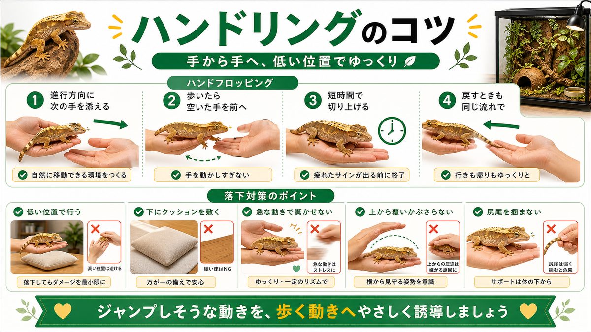 ハンドリングのコツ（ハンドフロッピング・落下対策）の要点をまとめたカメレオン・爬虫類飼育インフォグラフィック