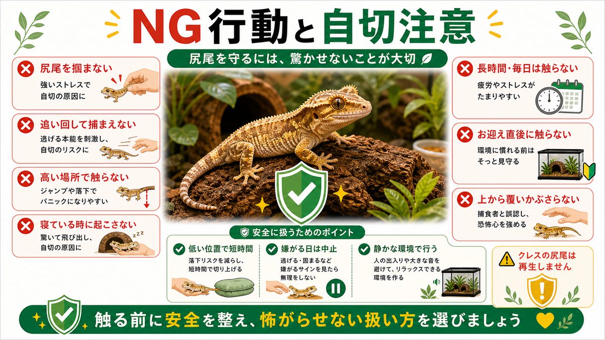 やってはいけないNG行動（自切に注意）の要点をまとめたカメレオン・爬虫類飼育インフォグラフィック